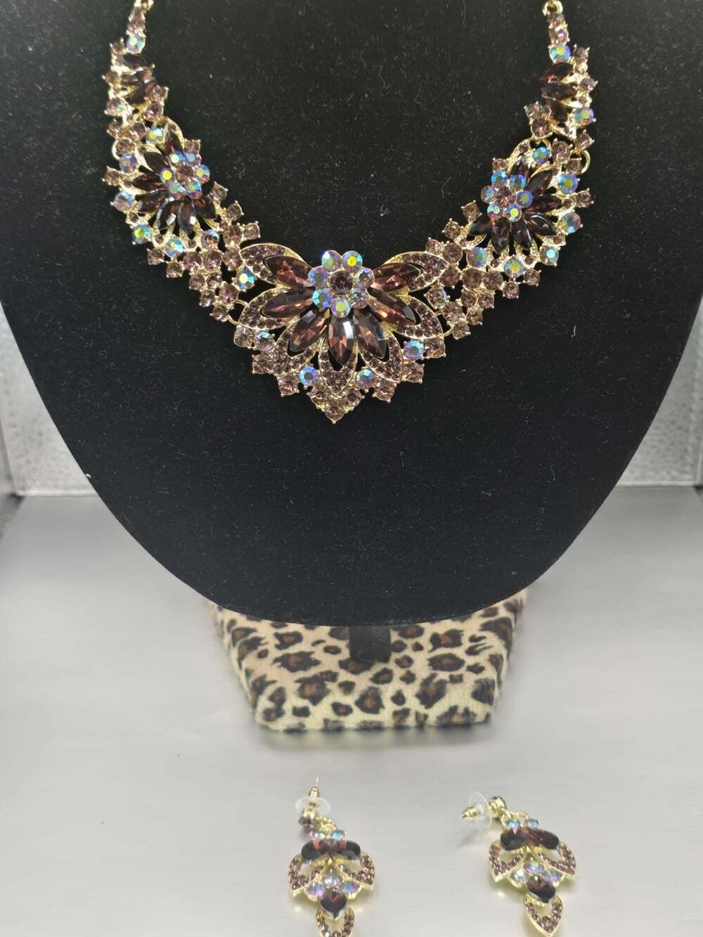 Glamorous Purple & Iridescent Crystal Statement Bib Necklace & Dangling Earing